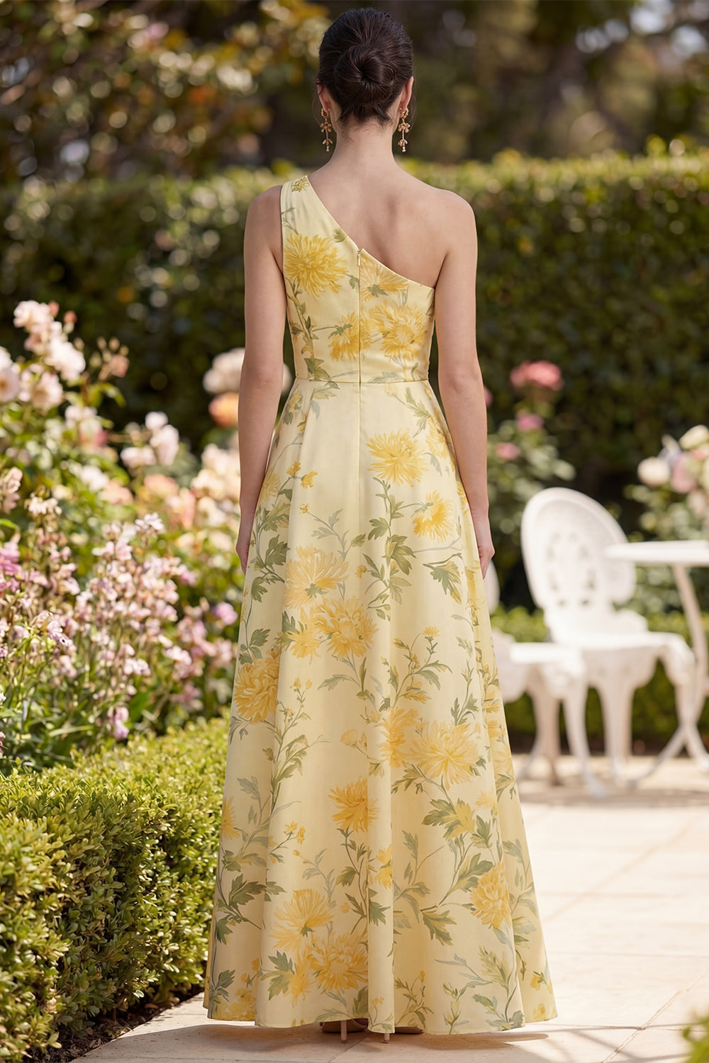 One Shoulder Yellow Printed Ruched A Line Wedding Guest Dress