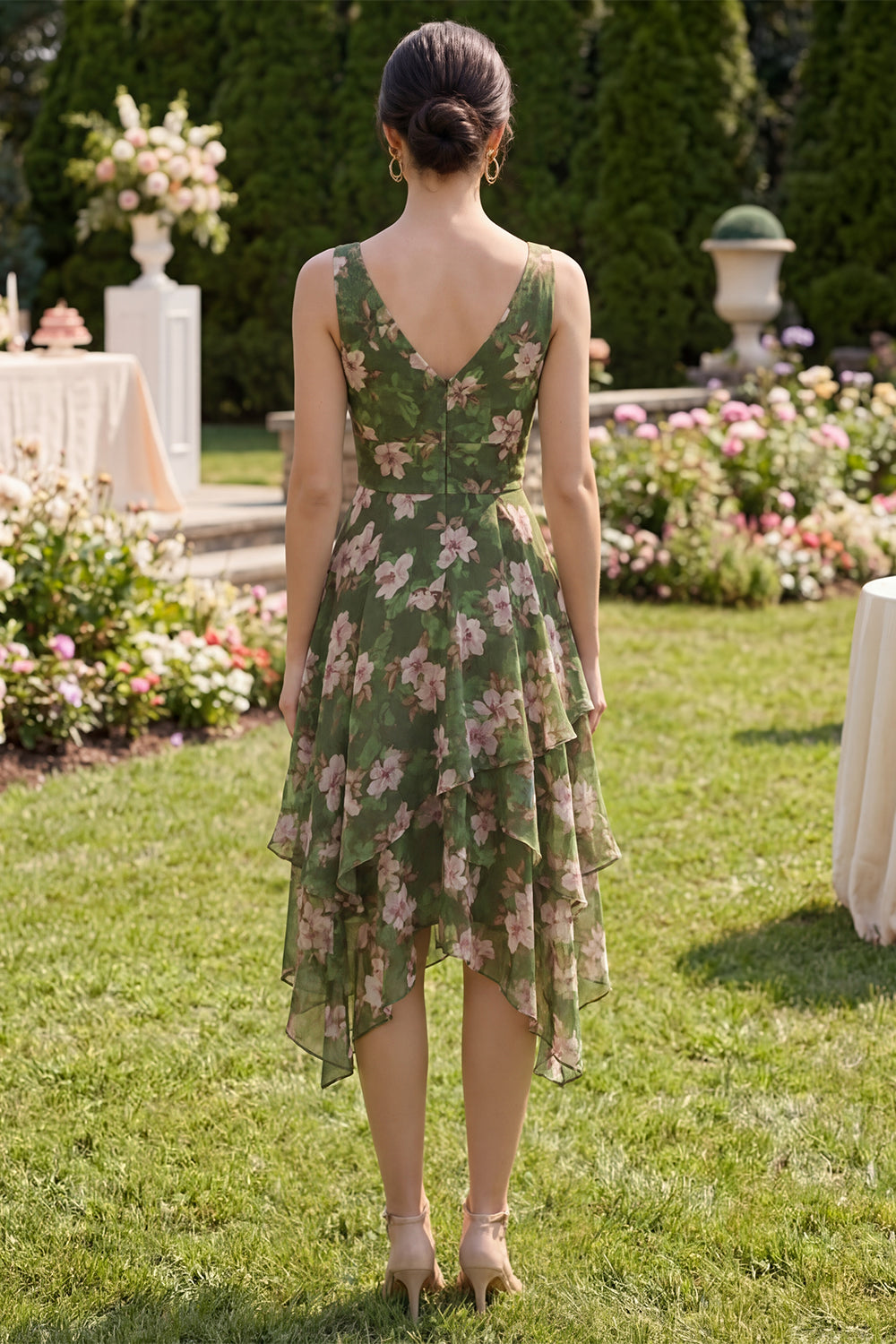 Dark Green A Line Printed Ruffled Wedding Guest Dress