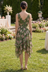 Dark Green A Line Printed Ruffled Wedding Guest Dress