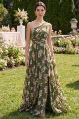 One Shoulder Dark Green A Line Printed Wedding Guest Dress with Slit
