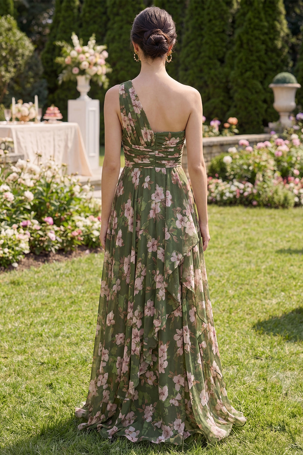 One Shoulder Dark Green A Line Printed Wedding Guest Dress with Slit