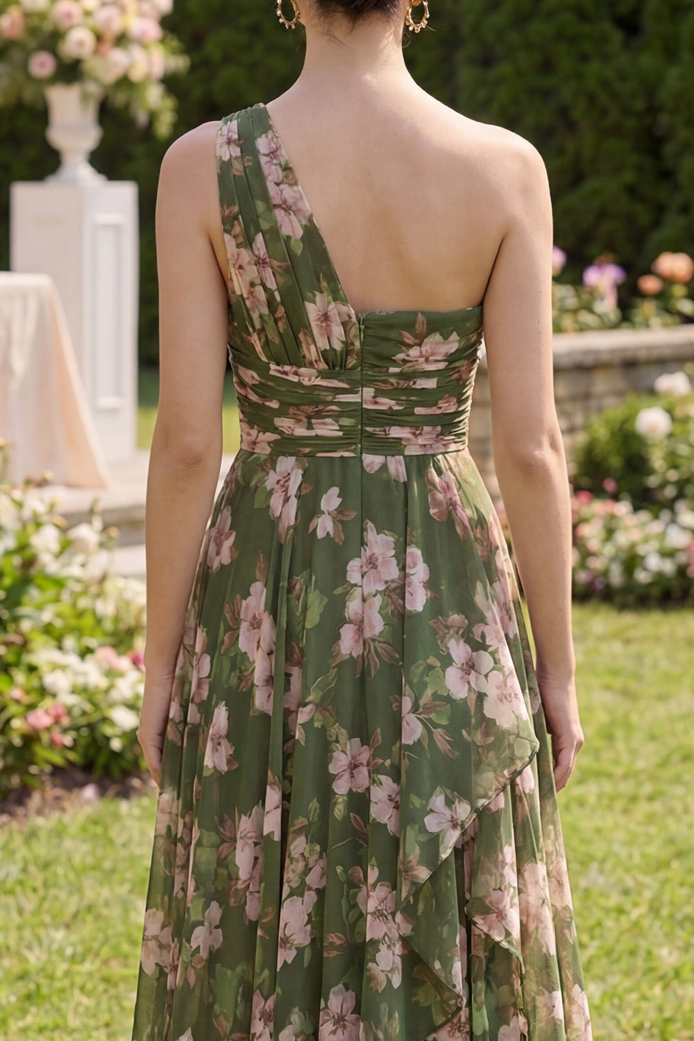 One Shoulder Dark Green A Line Printed Wedding Guest Dress with Slit