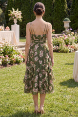 Dark Green A Line Printed Ruffled Wedding Guest Dress