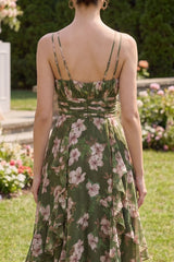 Dark Green A Line Printed Ruffled Wedding Guest Dress