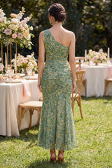 One Shoulder Ruched Mermaid Dusty Green Wedding Guest Dress
