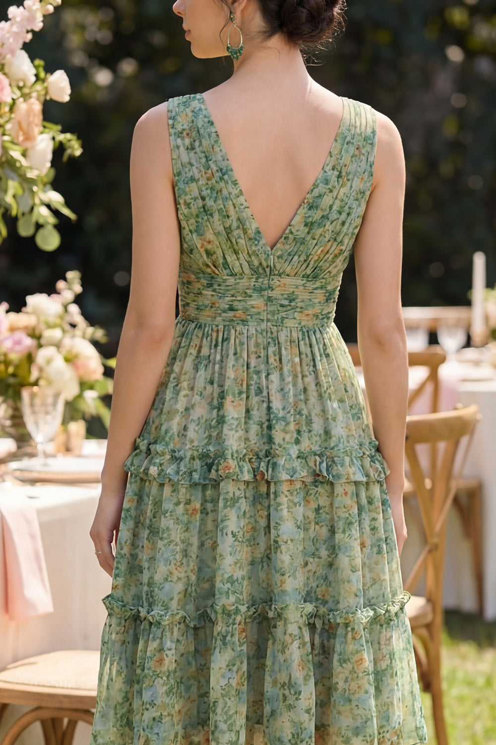 Pleated A Line Dusty Green Ruffled Wedding Guest Dress