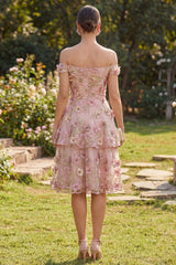 Off the Shoulder Pink A Line Floral Tiered Appliqued Wedding Guest Dress