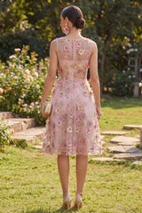 Floral Pink A Line Appliqued V Neck Midi Wedding Guest Dress