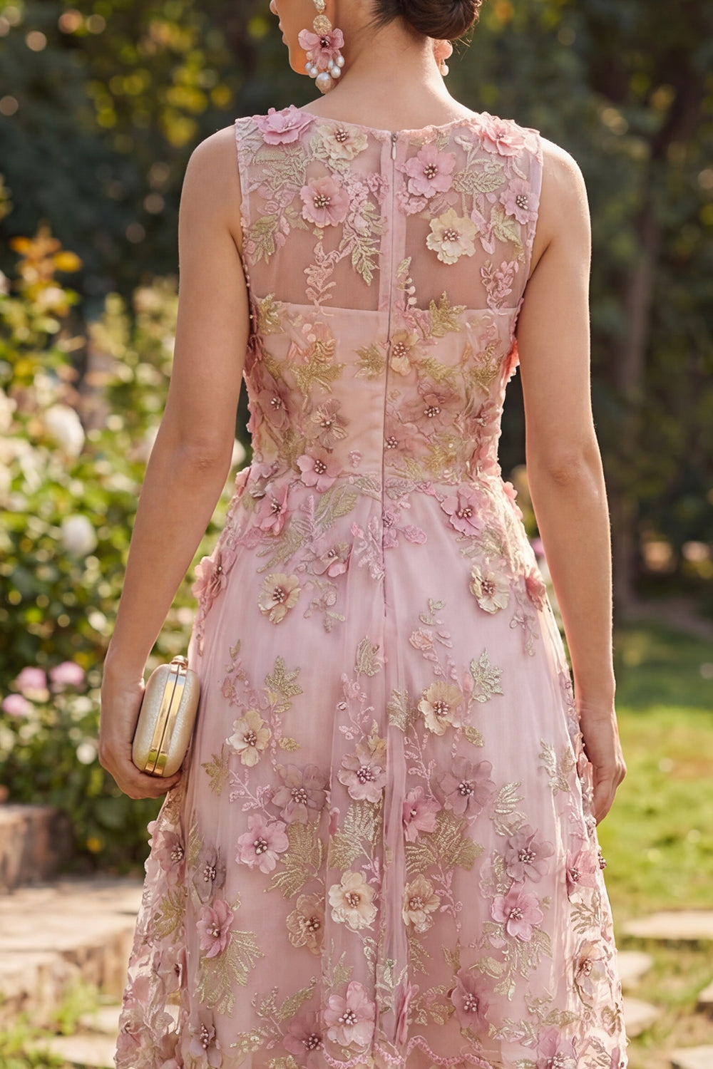 Floral Pink A Line Appliqued V Neck Midi Wedding Guest Dress