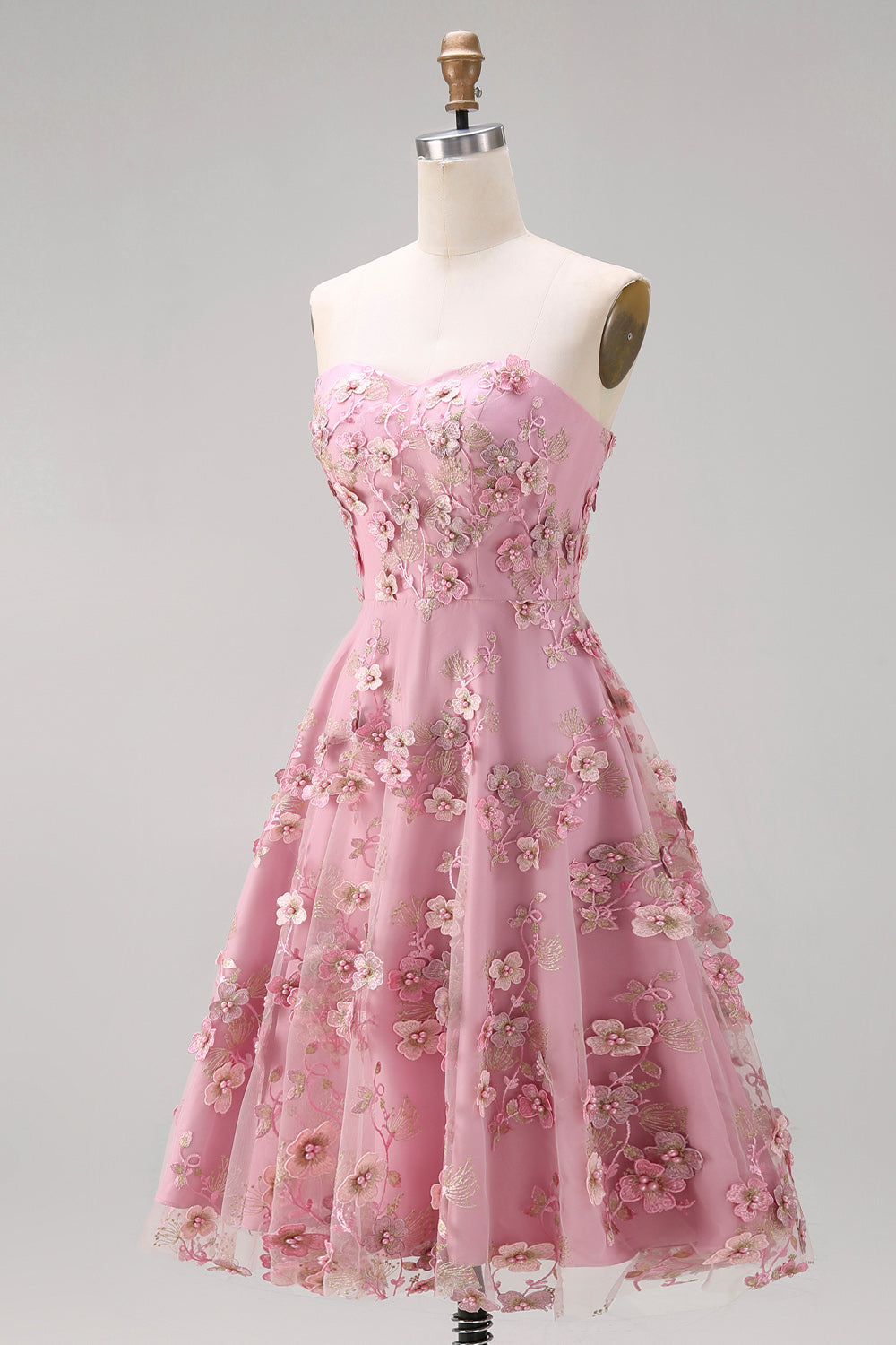 Strapless A Line Floral Pink Appliqued Wedding Guest Dress