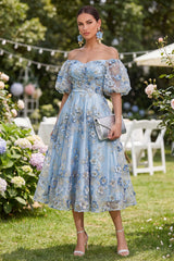 Off the Shoulder Floral A Line Blue Ruched Wedding Guest Dress