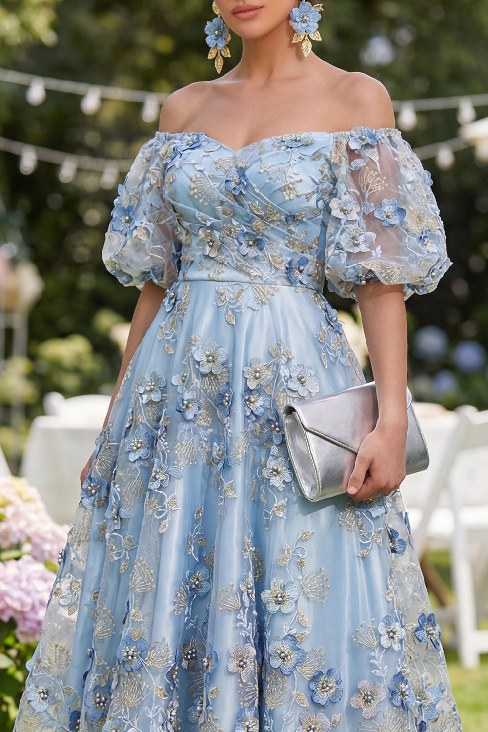 Off the Shoulder Floral A Line Blue Ruched Wedding Guest Dress