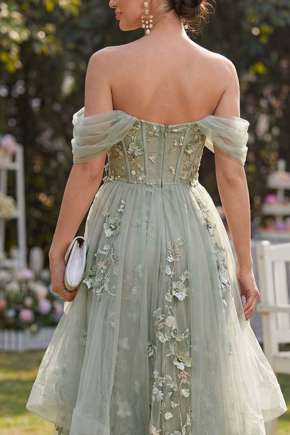 Off the Shoulder Corset Dusty Green Floral A Line Wedding Guest Dress