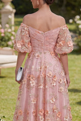 Off the Shoulder Floral Pink Appliqued A Line Wedding Guest Dress