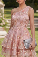 One Shoulder Floral Pink Appliqued A Line Tiered Wedding Guest Dress