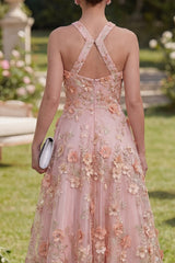 Halter Cut Out Floral Pink Appliqued A Line Wedding Guest Dress