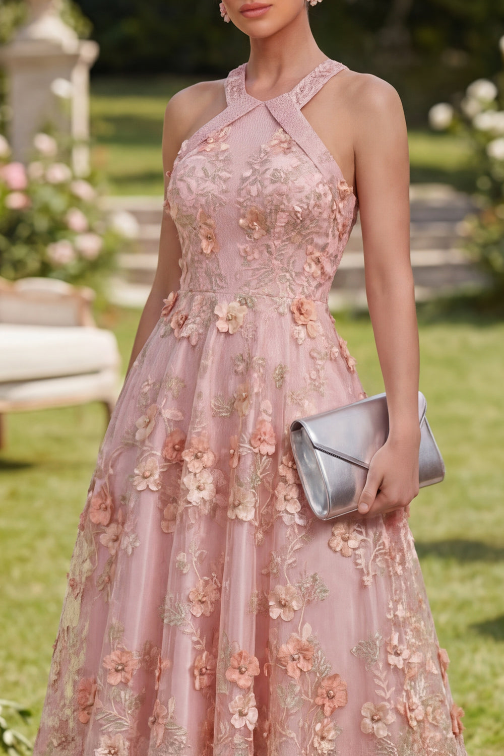 Halter Cut Out Floral Pink Appliqued A Line Wedding Guest Dress