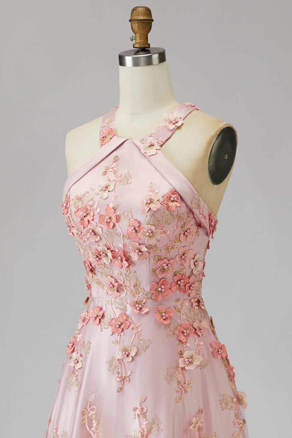 Halter Cut Out Floral Pink Appliqued A Line Wedding Guest Dress
