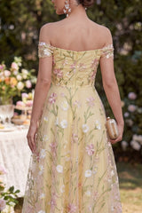 Light Yellow Floral Off the Shoulder A Line Ruched Wedding Guest Dress