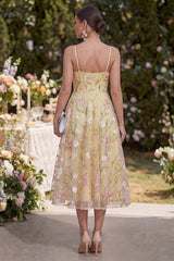 Light Yellow Corset Embroidered A Line Floral Midi Wedding Guest Dress
