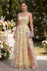 Light Yellow Cut Out Floral Ruched A Line Maxi Wedding Guest Dress