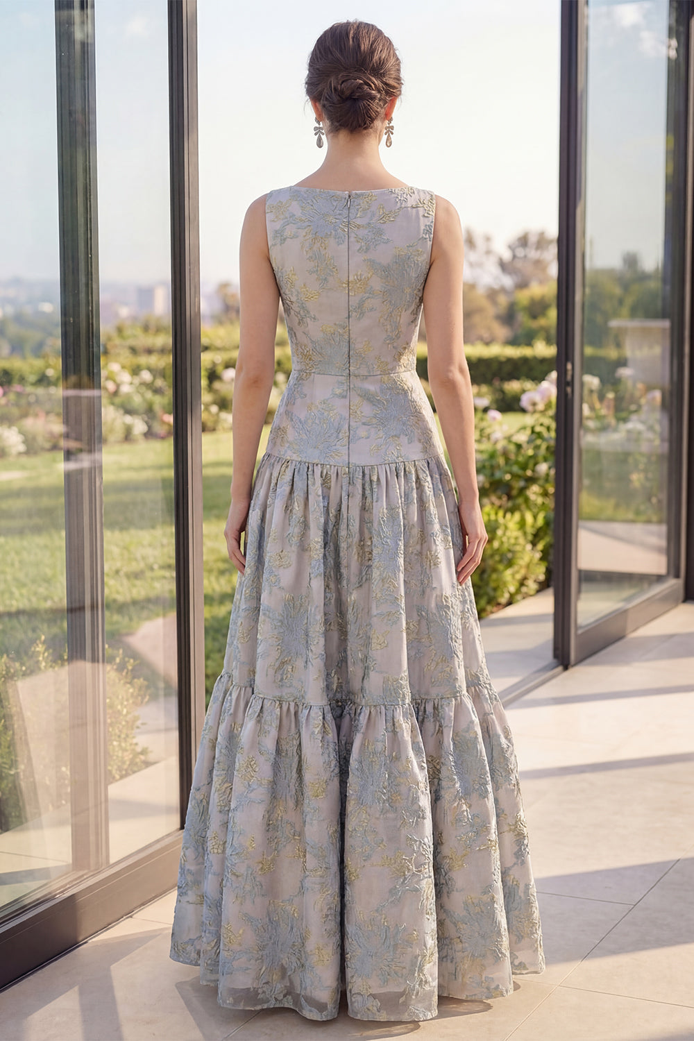 Blush A Line Ruffled Floral Brocade Wedding Guest Dress with Bow