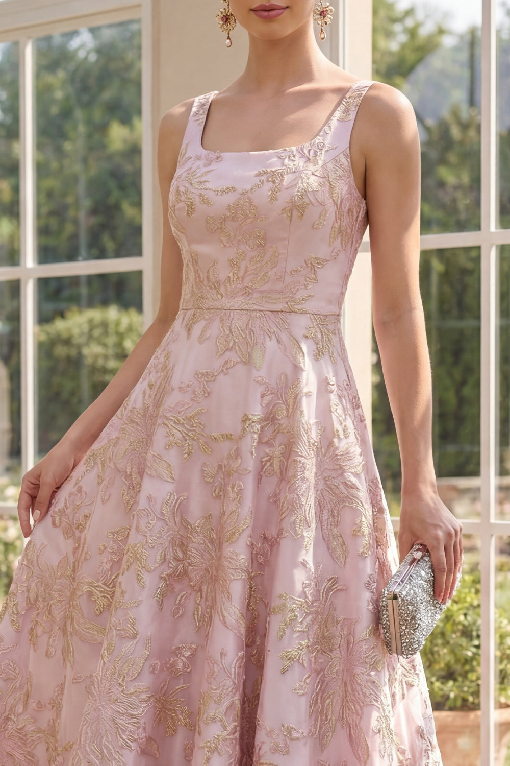 Floral Blush A Line High Low Brocade Wedding Guest Dress