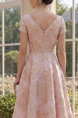 A Line Floral Blush Brocade Wedding Guest Dress with Short Sleeves