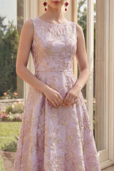 A Line Floral Dusty Lilac Brocade Midi Wedding Guest Dress