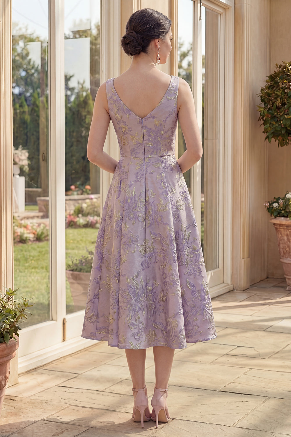 Boat Neck Floral Brocade Dusty Lilac A Line Midi Wedding Guest Dress