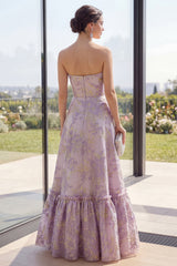 Strapless Floral Ruffled Dusty Lilac A Line Maxi Wedding Guest Dress