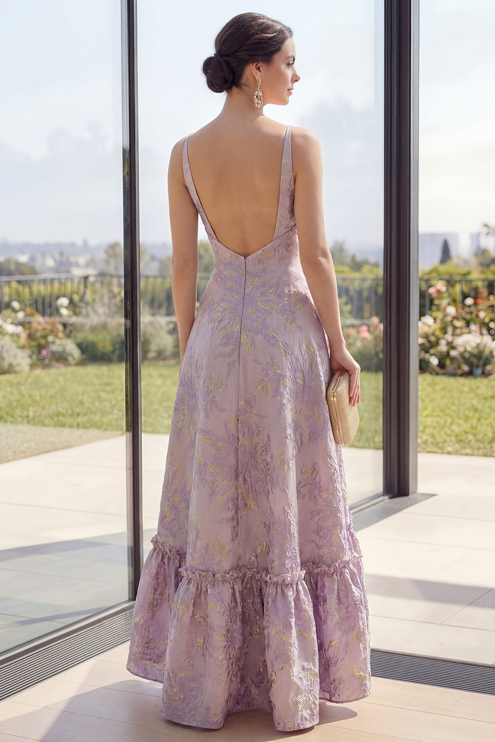 High Low Floral Ruffled Dusty Lilac A Line Wedding Guest Dress