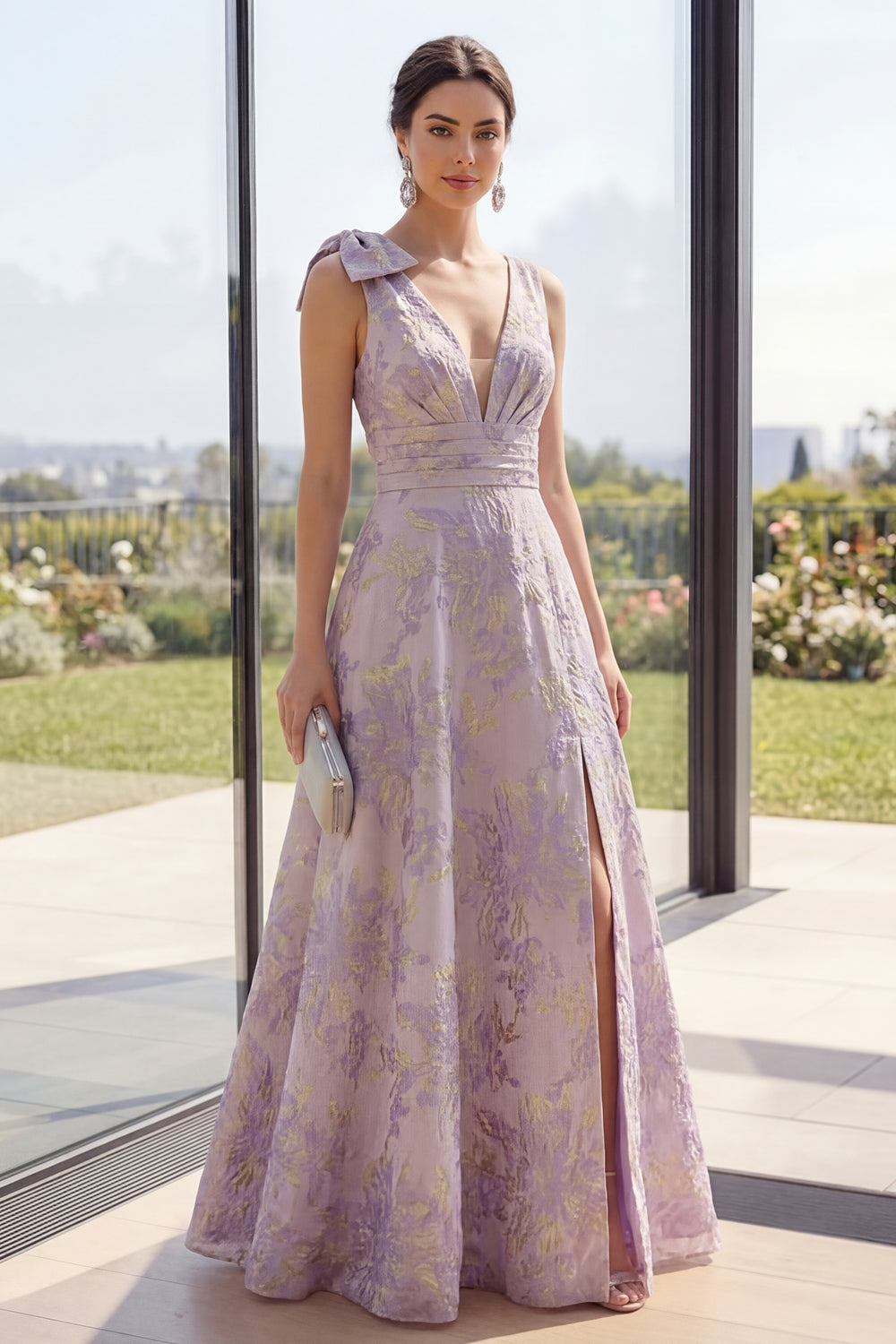 Floral Dusty Lilac A Line Ruched Bowed Wedding Guest Dress with Slit