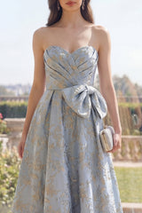 Strapless Dusty Blue Floral A Line Ruched Wedding Guest Dress with Bow