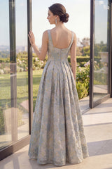 Dusty Blue Floral A Line Pleated Maxi Wedding Guest Dress