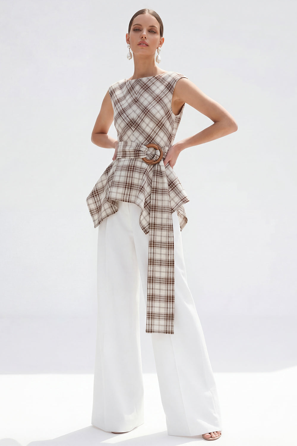 2 Piece Bateau Neck Grey Grid Women's Linen Suits with Belt