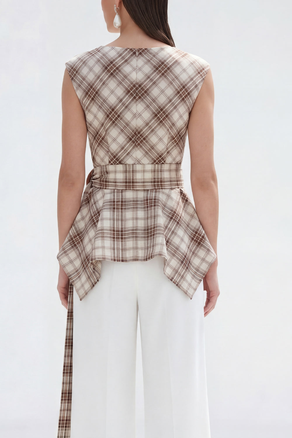 2 Piece Bateau Neck Grey Grid Women's Linen Suits with Belt