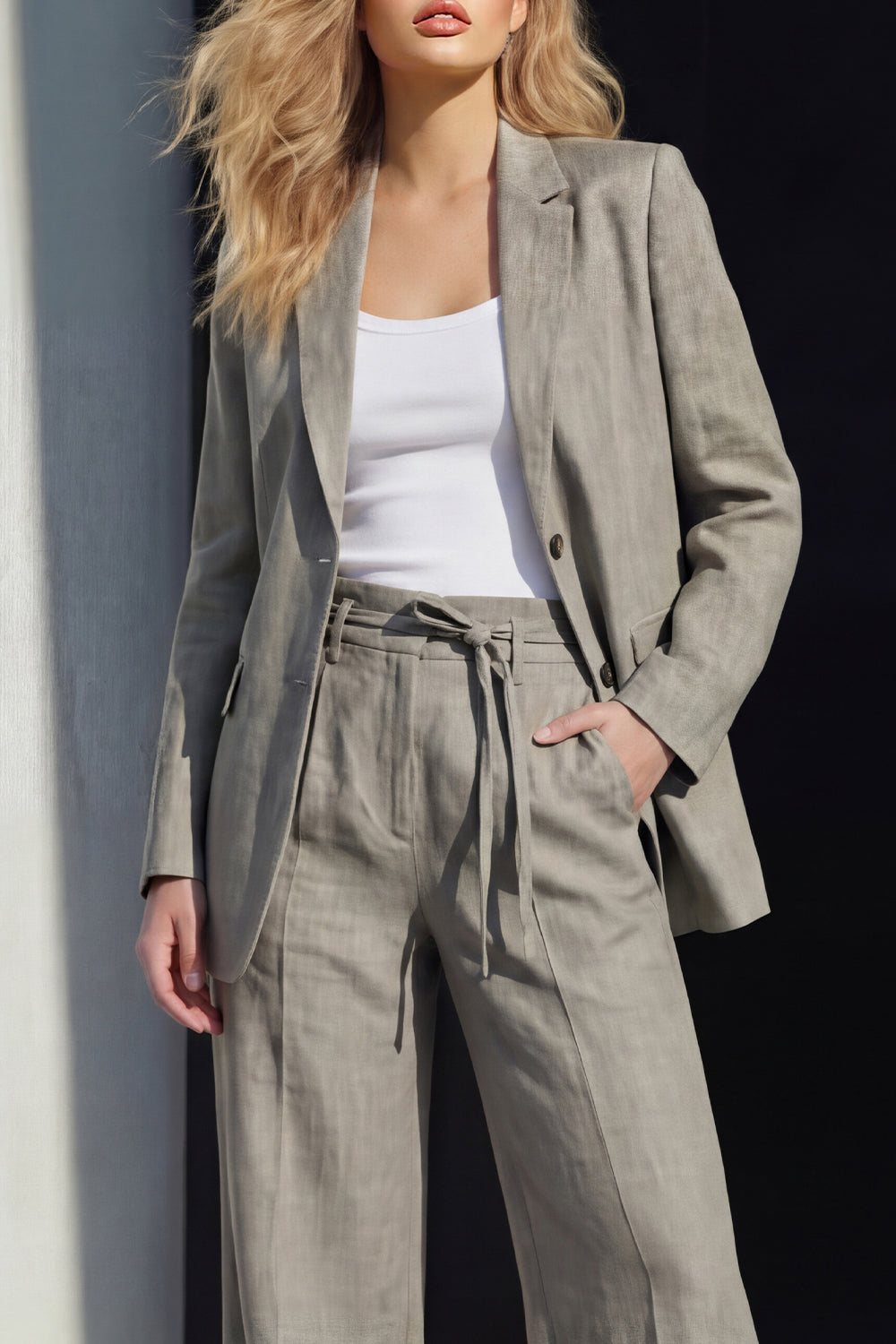 2 Piece Grey Notched Lapel Women's Linen Suits with Pockets