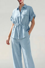 Blue 2 Piece Short Sleeve Women's Linen Suits