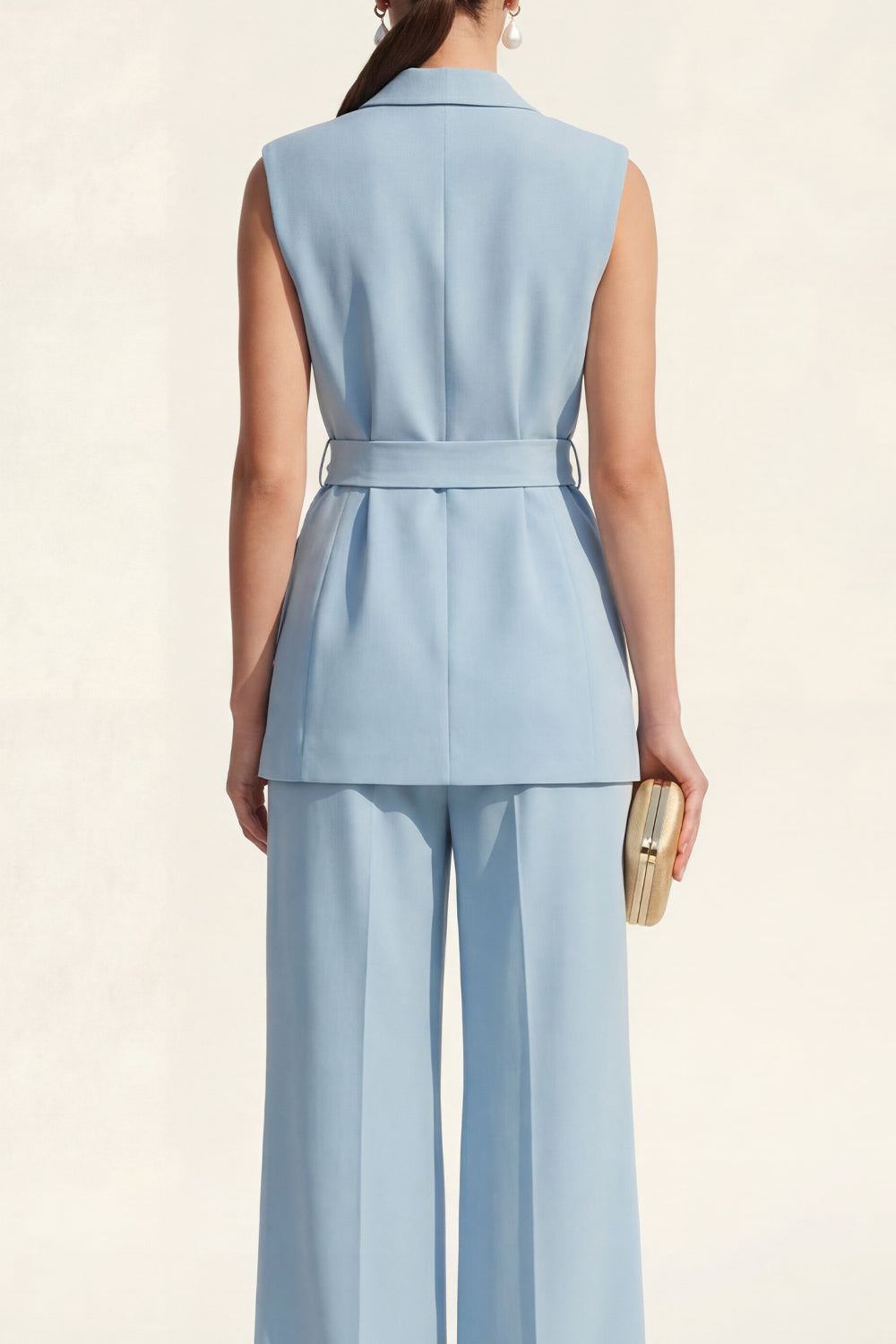 Blue 2 Piece Shawl Lapel Sleeveless Women's Linen Suits with Sash