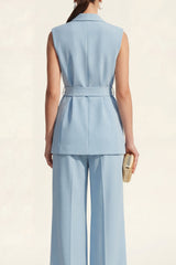 Blue 2 Piece Shawl Lapel Sleeveless Women's Linen Suits with Sash