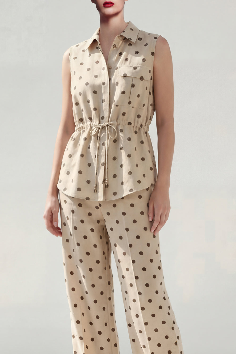 2 Piece Khaki Polka Dot Sleeveless Women's Linen Suits
