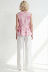 Pink 2 Piece Printed Sleeveless Women's Linen Suits
