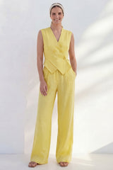 Yellow 2 Piece V Neck Sleeveless Women's Linen Suits