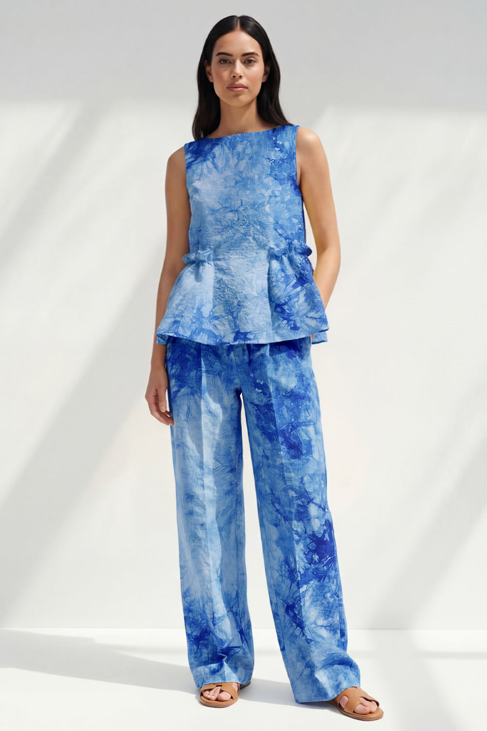 2 Piece Blue Bateau Neck Printed Women's Linen Suits