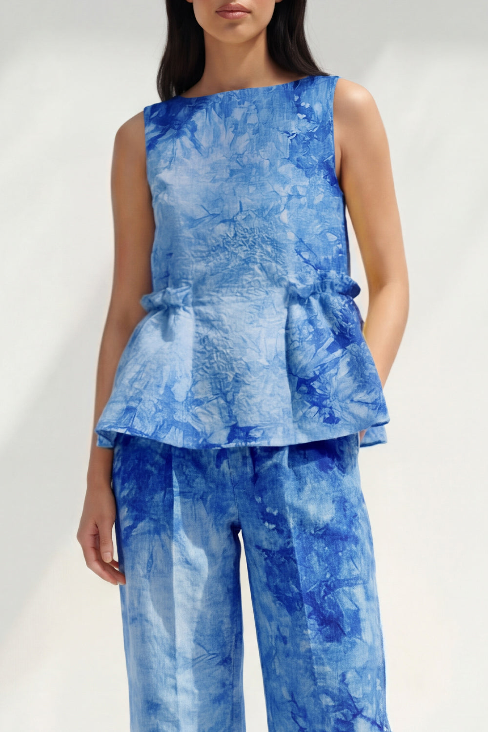 2 Piece Blue Bateau Neck Printed Women's Linen Suits