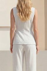 Sleeveless White 2 Piece Stripe Women's Linen Suits