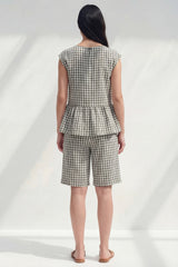 Plaid BLack White Grid 2 Piece Women's Linen Suits with Ruffles