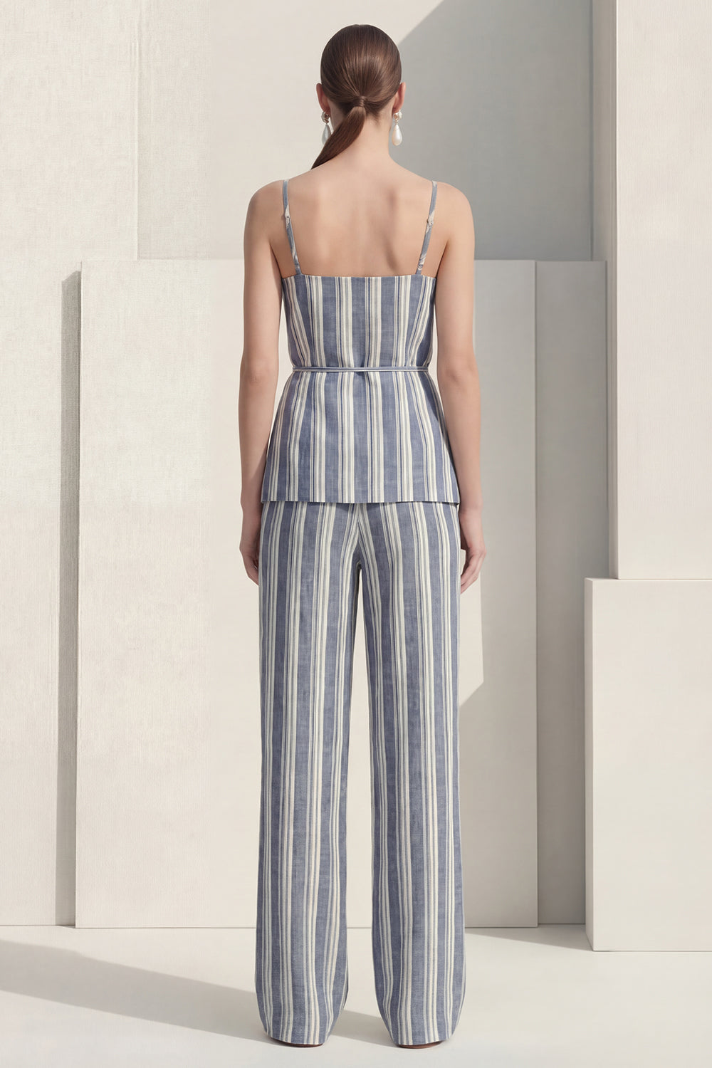Stripe Dusty Blue 2 Piece Women's Linen Suits with Sash