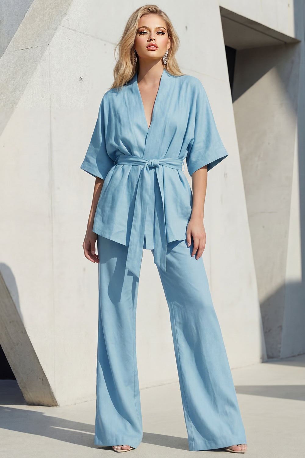 Yellow 2 Piece Half Sleeve Women's Linen Suits with Sash